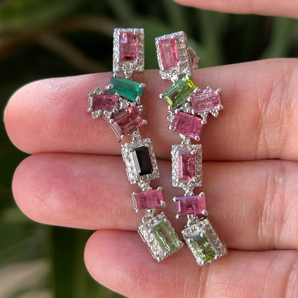 Natural multi color tourmaline & diamond white gold plated silver drop earrings